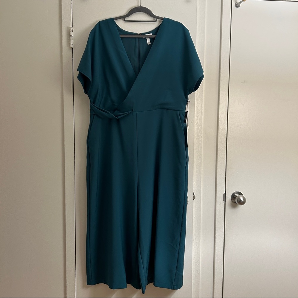 Leith Women Jumpsuit Wide Leg Crop Short Sleeve NWT in Teal Green (Plus Size 1X)